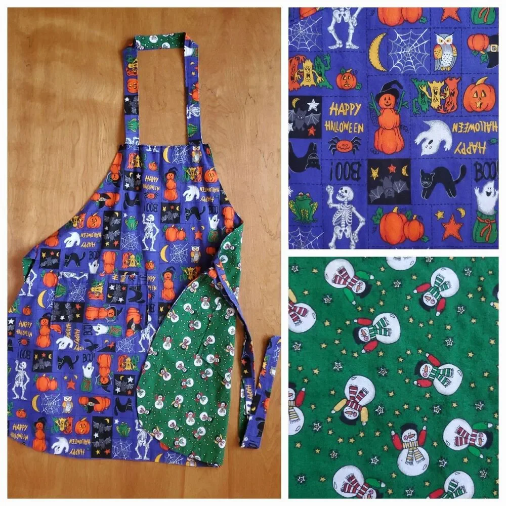 Handmade Holiday Apron Reversible Halloween Christmas Pockets One Size
